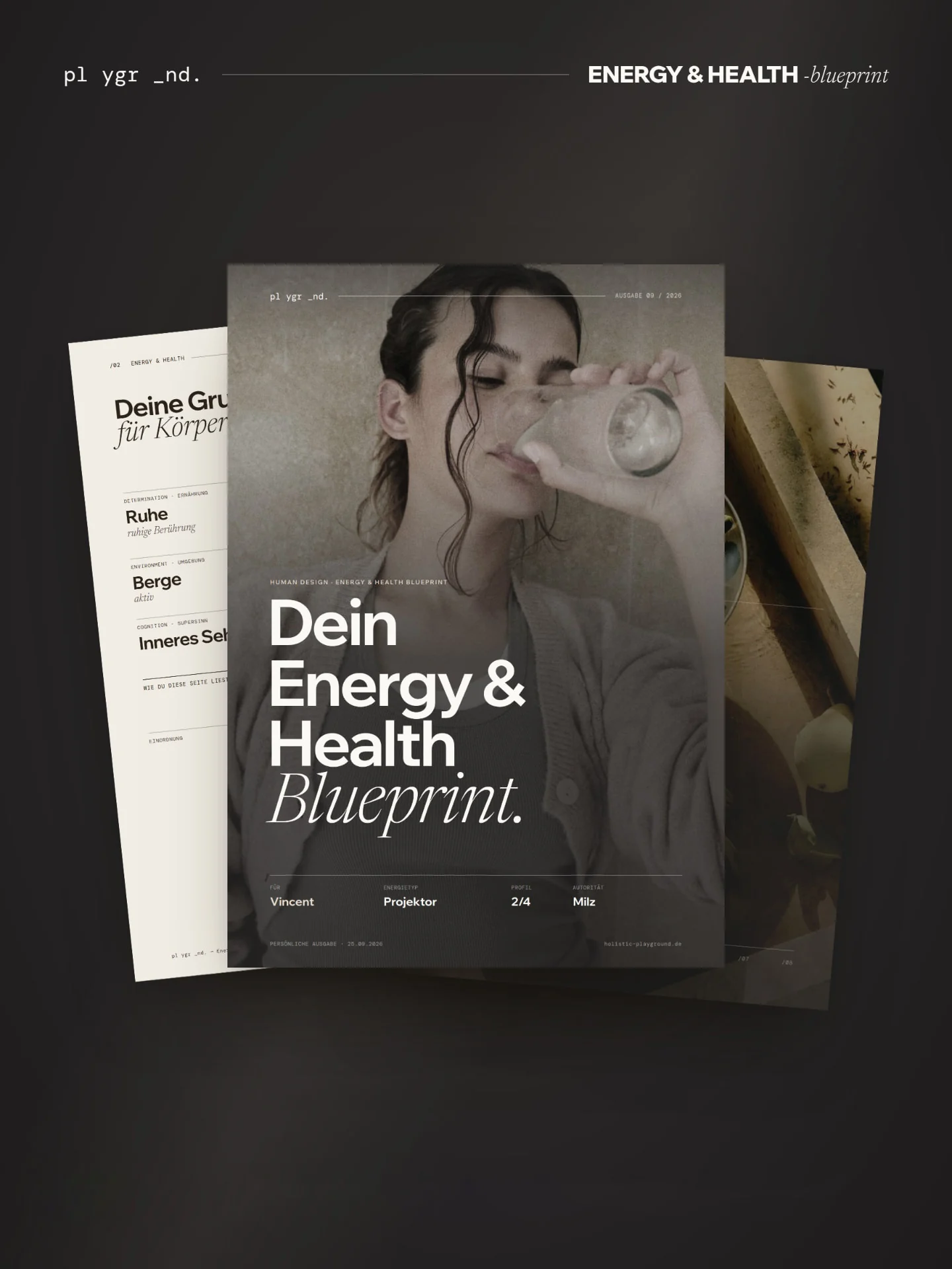Energy & Health Blueprint als gestaltetes PDF: Cover und Innenseiten der Human-Design-Auswertung für Körper und Alltag