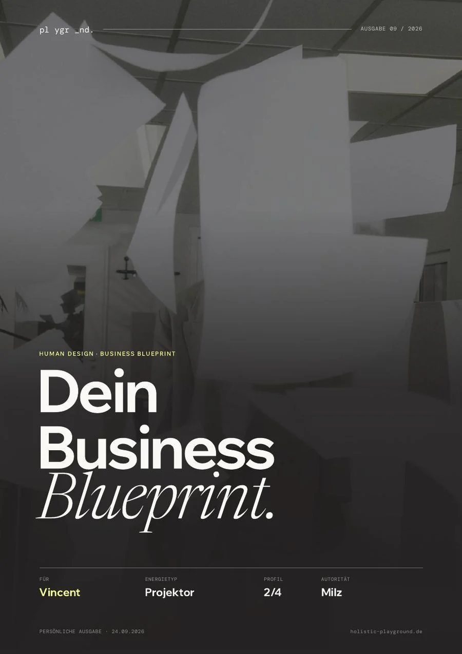 Cover des Business Blueprint: „Dein Business Blueprint“ für einen Milz-Projektor 2/4 über einem Foto fliegender Papiere