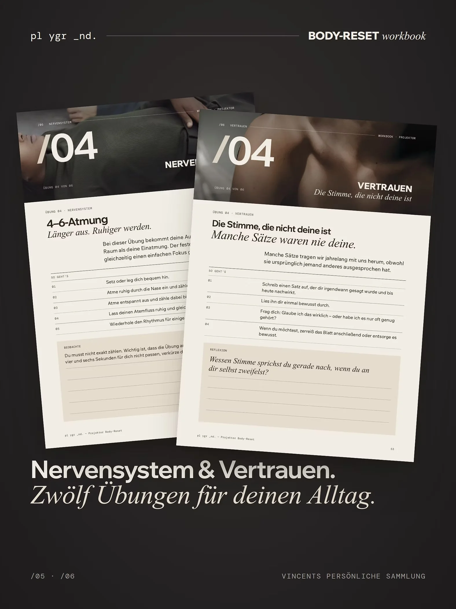 Seiten zu Nervensystem und Vertrauen aus dem Projektor Body-Reset Workbook mit praktischen Übungen für deinen Alltag, etwa 4-6-Atmung