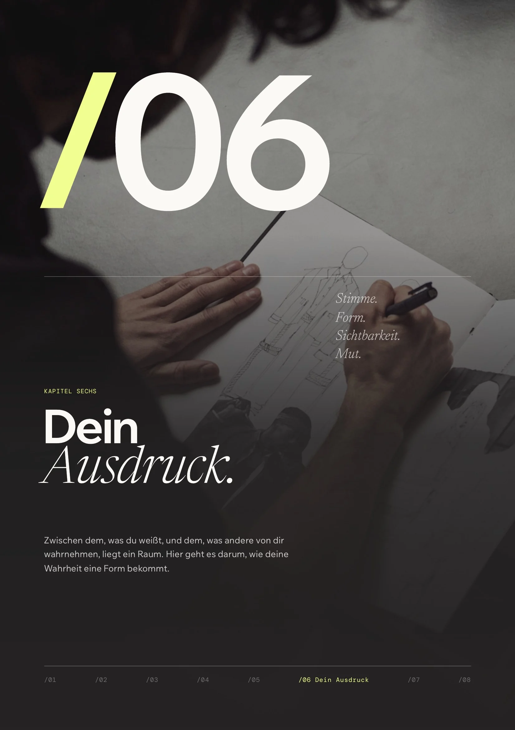 Seite aus dem Business Blueprint: Kapitel 06 „Dein Ausdruck“ mit einer Hand, die zeichnet