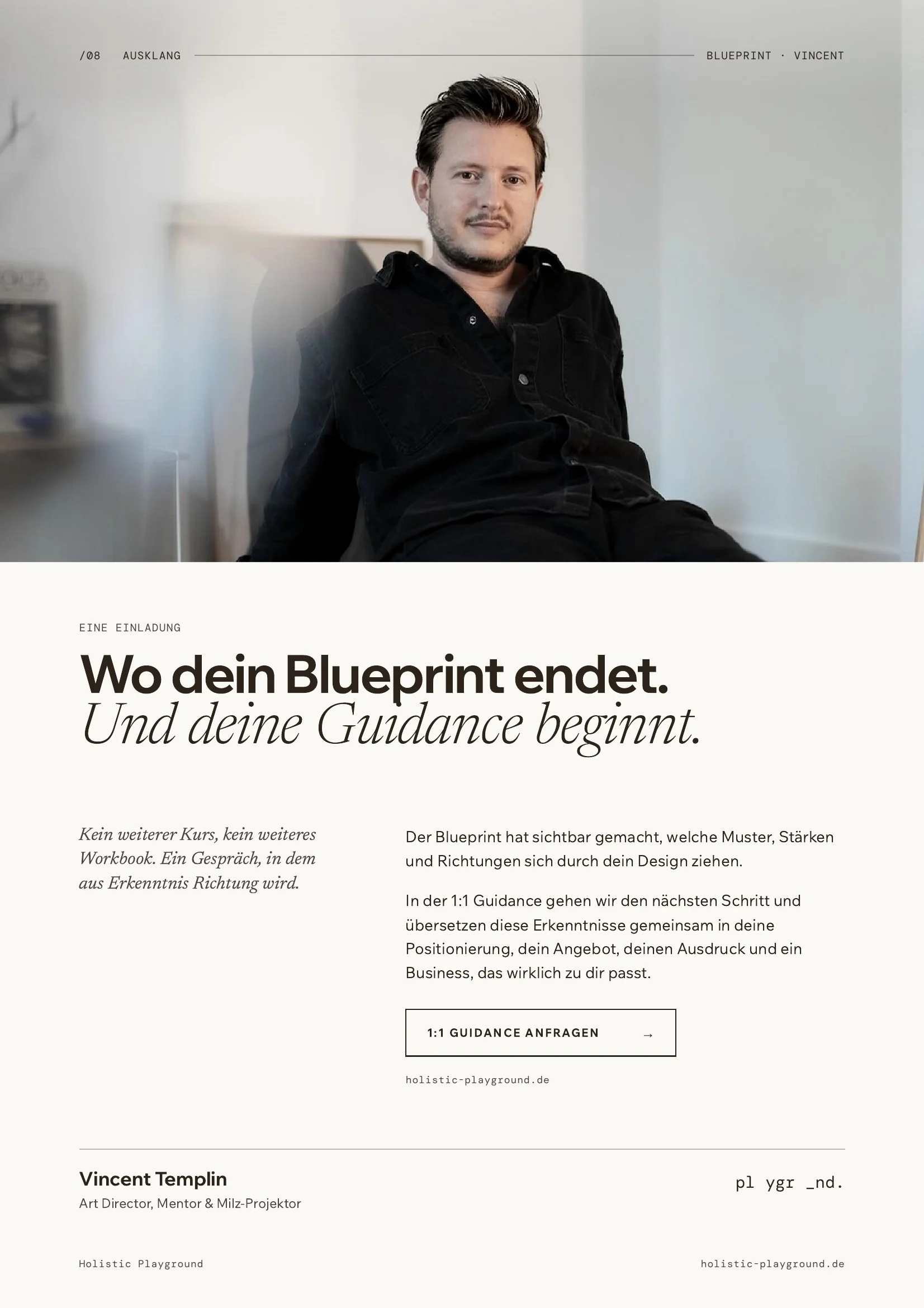 Abschlussseite des Business Blueprint: „Wo dein Blueprint endet. Und deine Guidance beginnt.“ mit einem Portrait von Vincent Templin