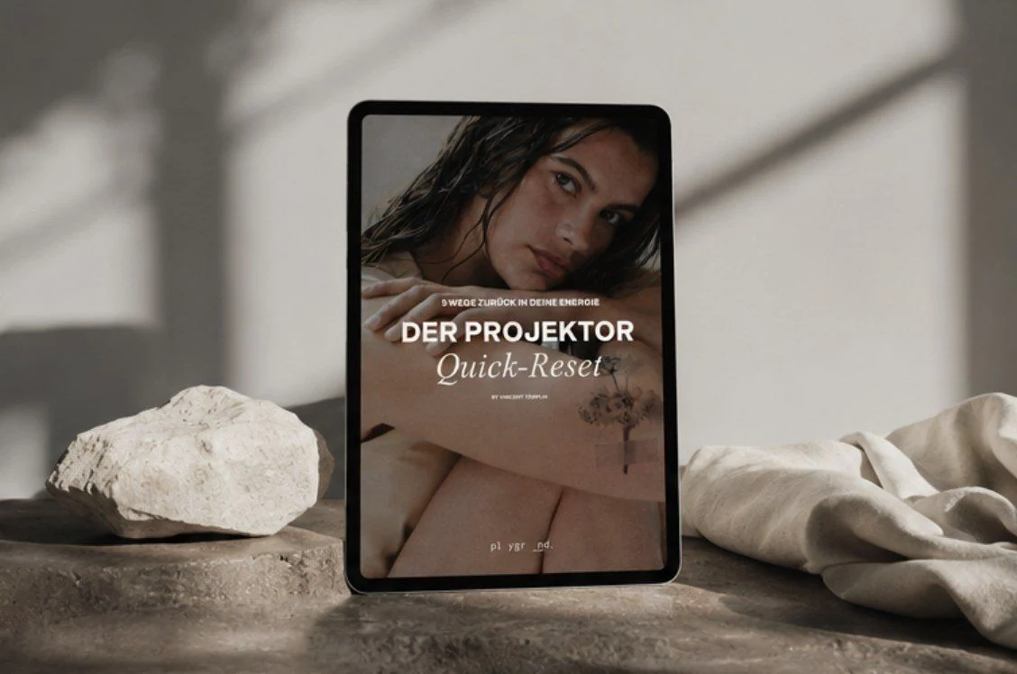 E-Book „Der Projektor Quick-Reset“ auf einem Tablet neben einem hellen Stein