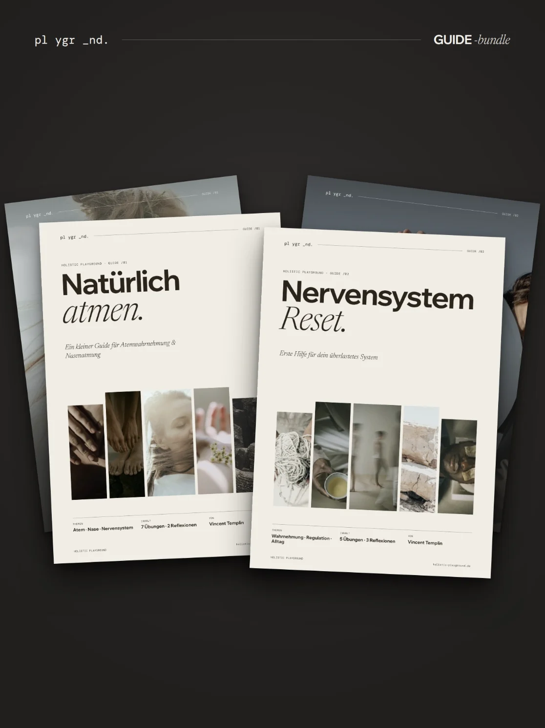 Die zwei Guides „Natürlich atmen“ und „Nervensystem Reset“ des Atem- & Nervensystem Bundles auf dunklem Hintergrund
