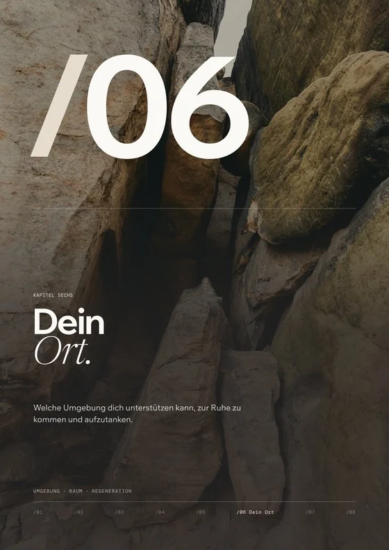 Seite aus dem Energy & Health Blueprint, der Human-Design-Auswertung für Körper und Energie: Kapitel 06 „Dein Ort“ mit Felsen in der Natur