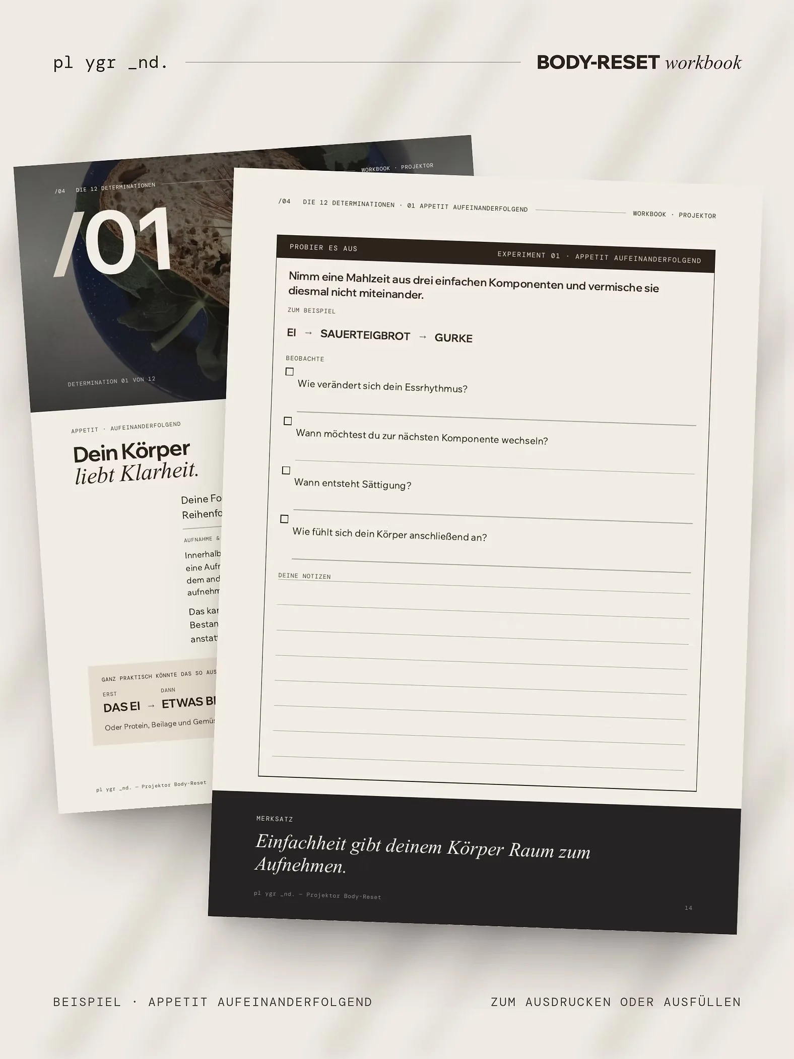 Übungsseite aus dem Projektor Body-Reset Workbook zum Appetit-Aufeinanderfolgen mit Ankreuzfeldern zum Ausdrucken