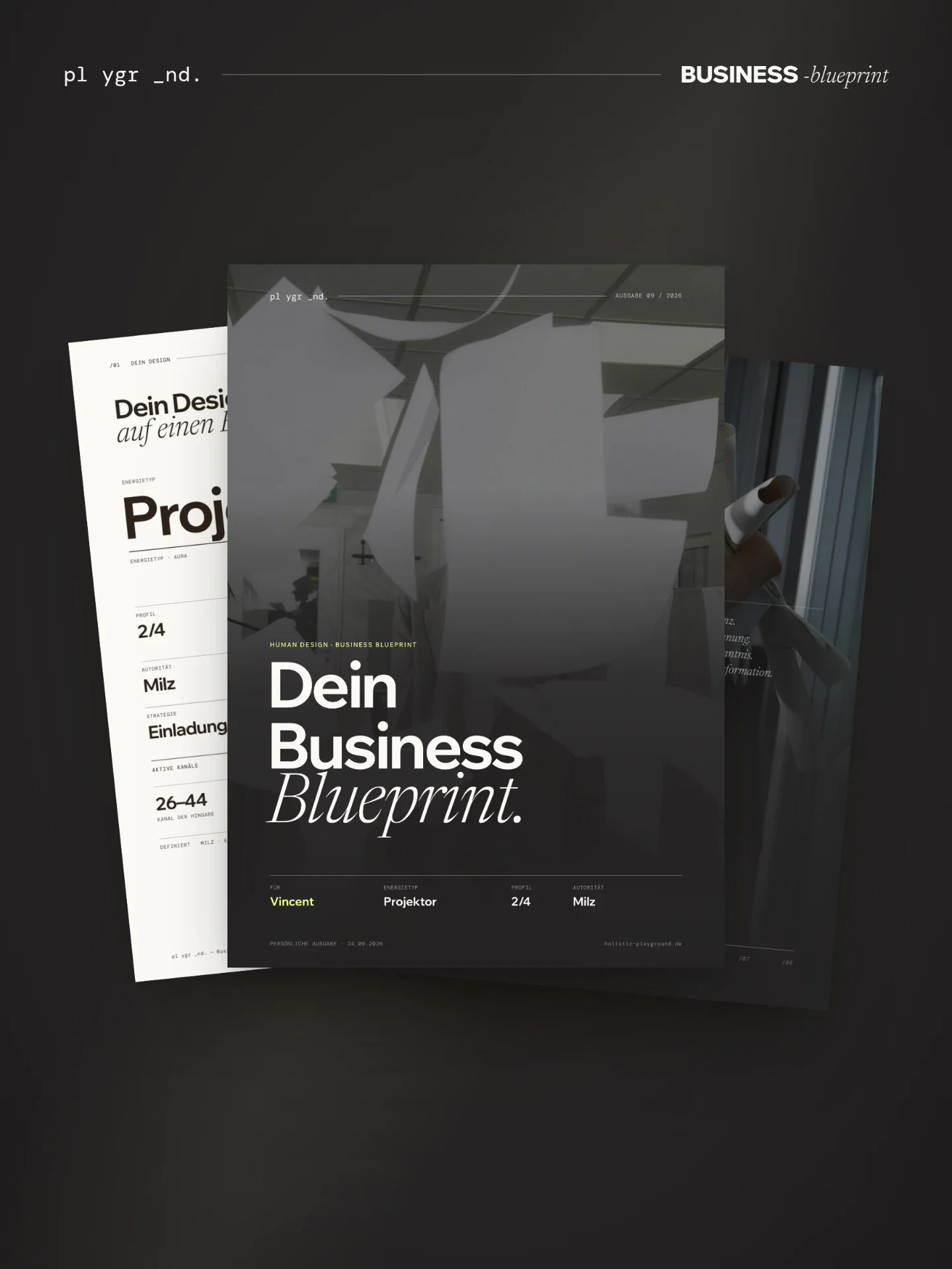 Business Blueprint als gestaltetes PDF: Cover und Innenseiten der persönlichen Human-Design-Auswertung für dein Business