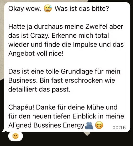 Screenshot einer echten Rückmeldung zum Business Blueprint: „Okay wow. Was ist das bitte? … Das ist eine tolle Grundlage für mein Business.“